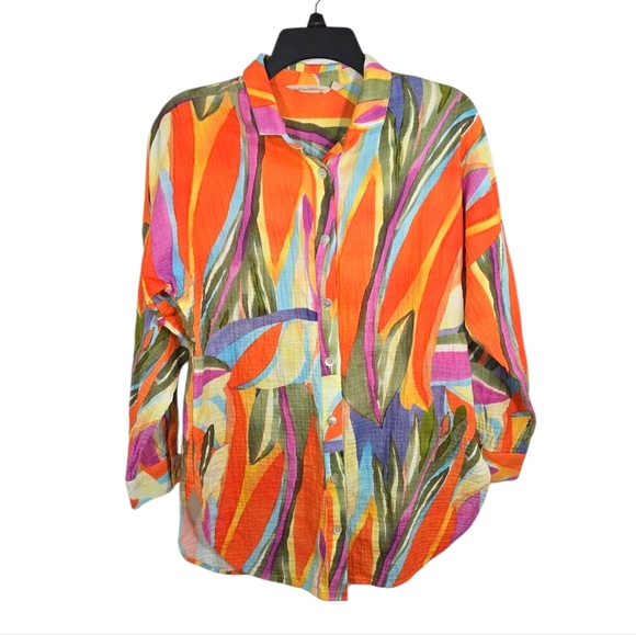 {Soft Surroundings} Peregrine Gauze Shirt Tunic Blouse Abstract Fiery Print - Picture 3 of 13